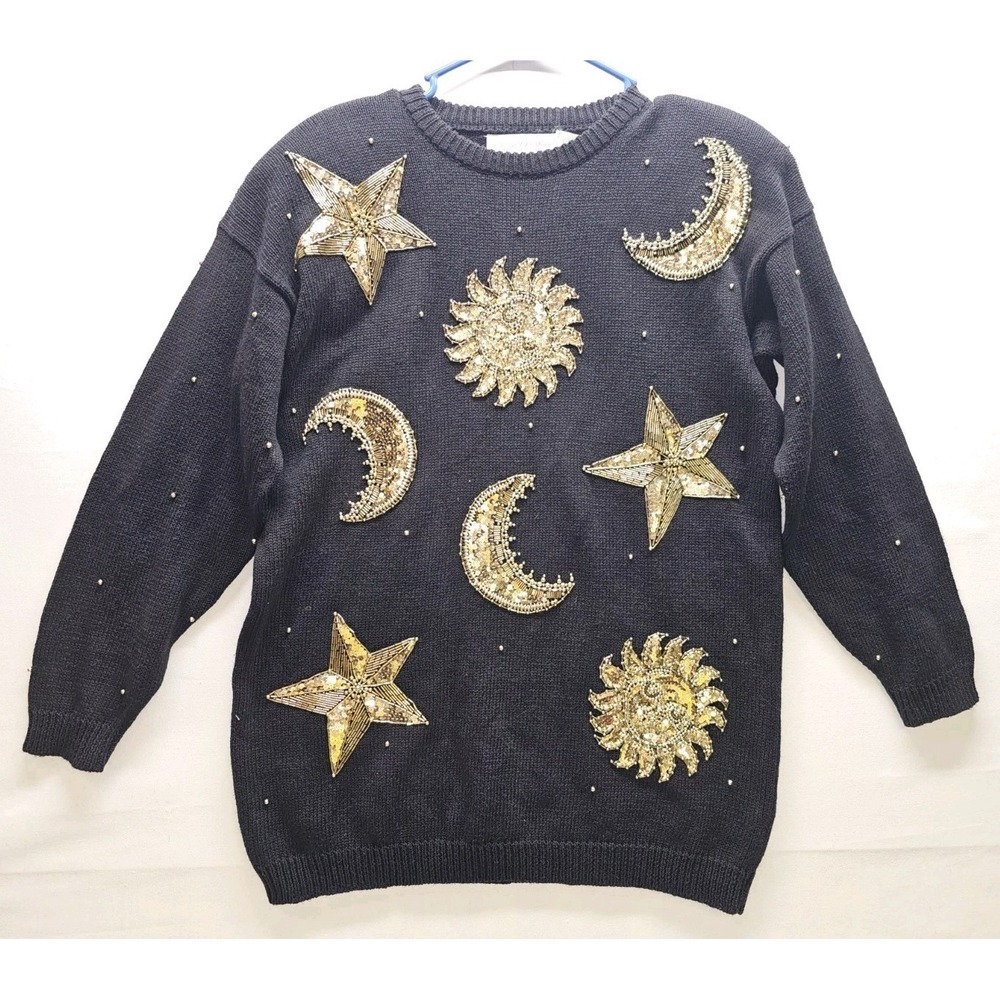 Vtg 90s NWT MARISA CHRISTINA M Sweater Embellished Gold Star Sun Moon Celestial